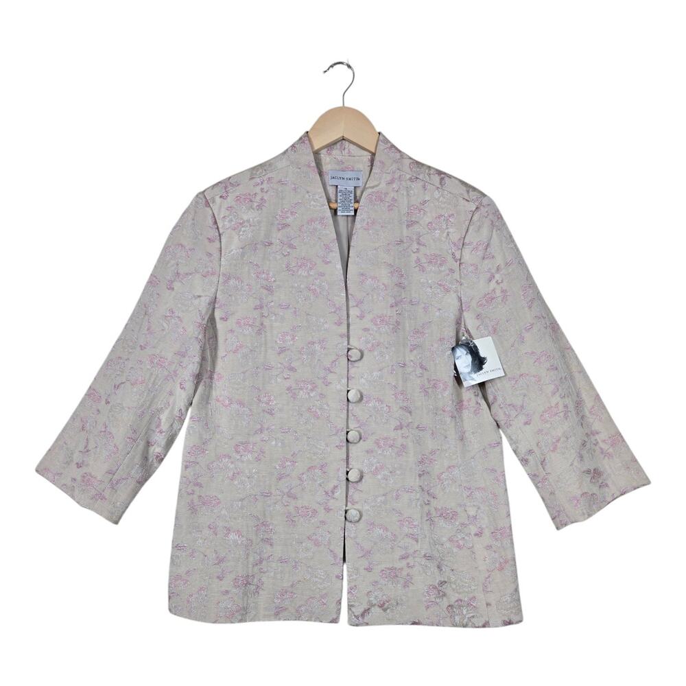 Jaclyn Smith Jacket Blazer 16 Beige Pink Floral Button Front Jacquard Romantic